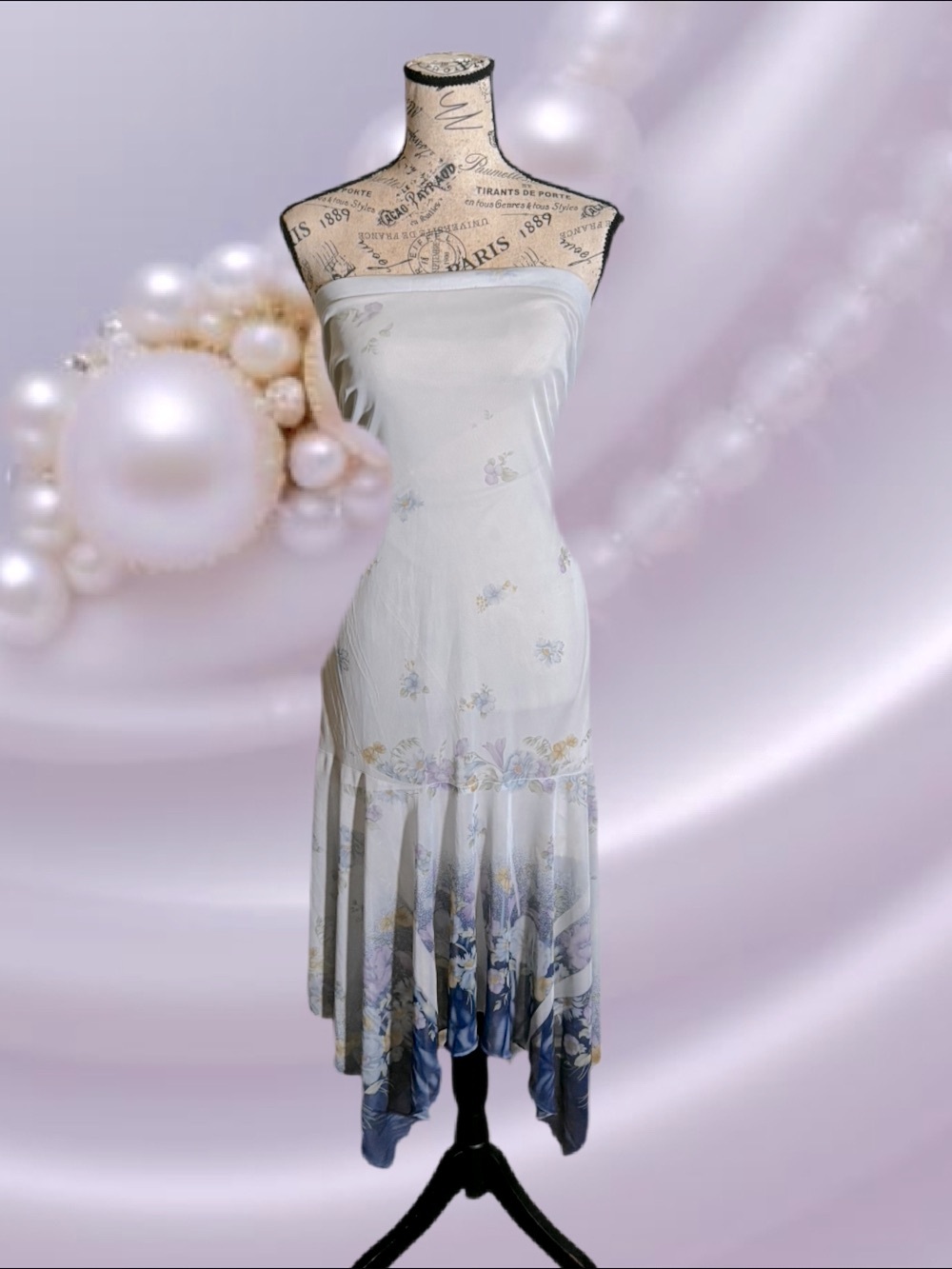 FANG Strapless Cream Dress with Blue & Lavender Floral Hem